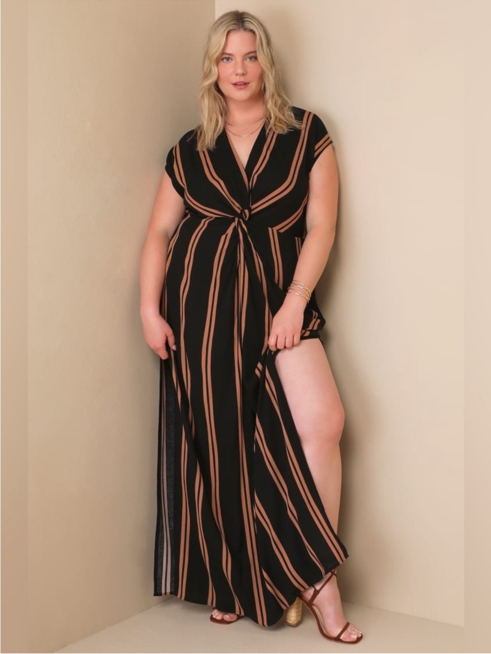 Lulu's Black Maxi Dress with Tan Stripes and Front Knot